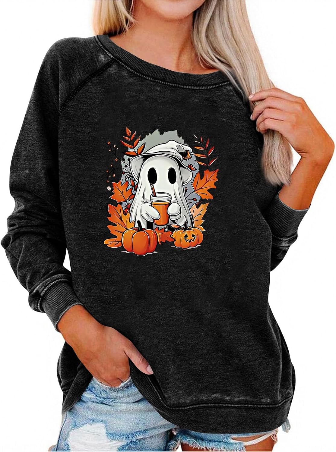 Halloween Sweatshirt Fall Oversized Long Sleeve Funny Halloween Sweater Ghost Crewneck Spooky Raglan Graphic Pullover Shirts