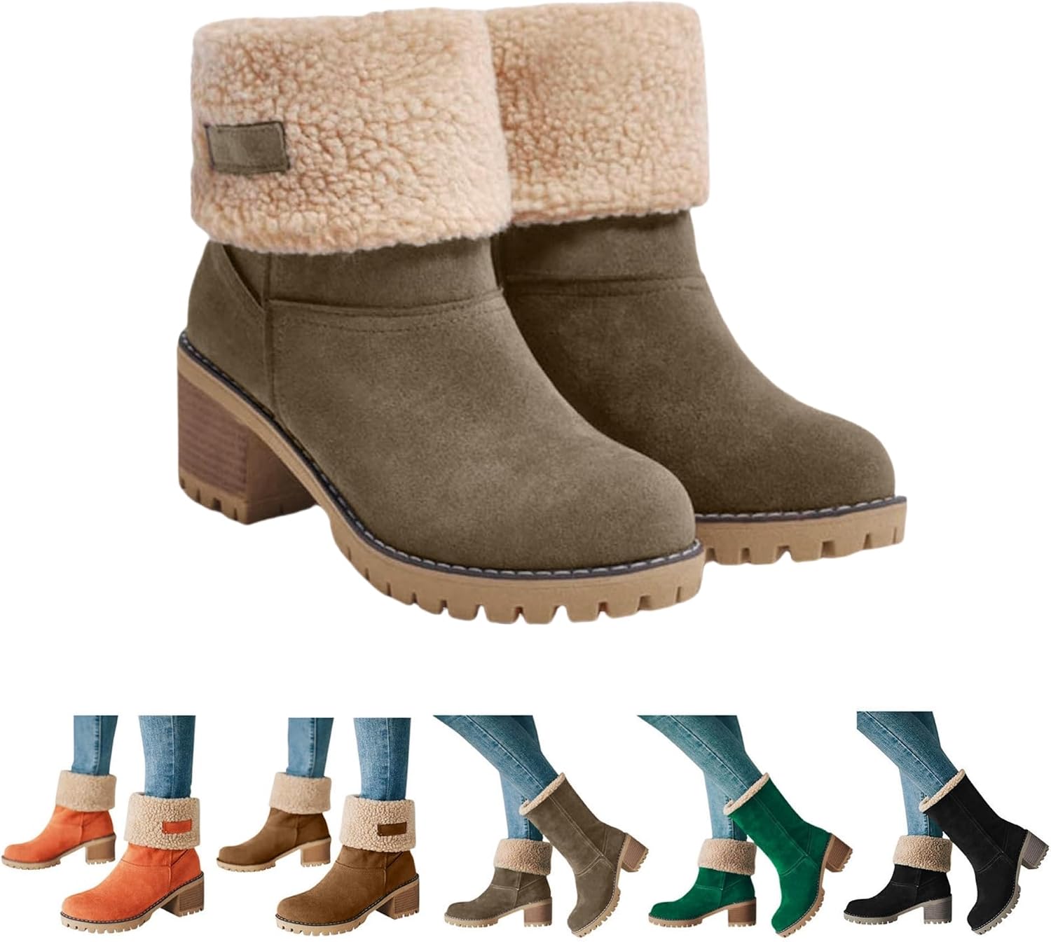 Winter Boots For Women 2025,Chunky Mid Heel Round Toe Fleece Lined Mid Calf Booties Comfortable Fashion Suede Warm Ankle Fur Lined Outdoor Winter Boots Shoes