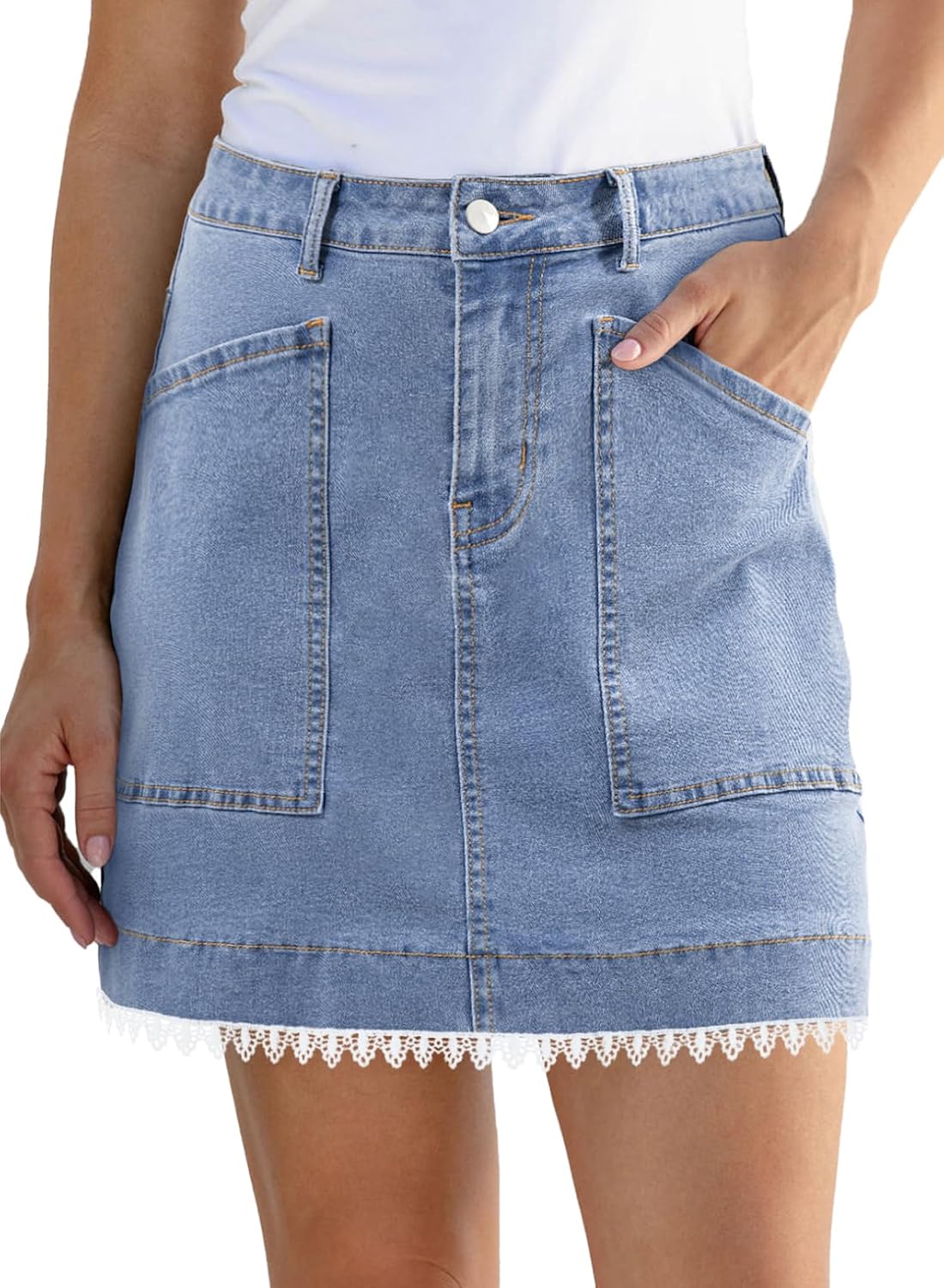 Sidefeel Women's Jean Skirt High Waisted Stretch Casual Summer Zimbaplatinum Denim Skirt with Pockets