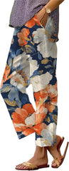 Women's Novelty Boho Flower Print Pants Straight Leg High Waist Elastic Drawstring Pants Summer Dressy Lounge Trousers