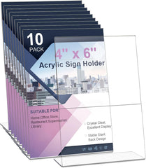 Laerjin 4x6 Acrylic Sign Holder, 10 Pack Slanted Back Sign Holders,Acrylic Sign Holder 4 x 6, Plastic Paper Holder, Flyer Document Paper Display Stand for Office Desktop