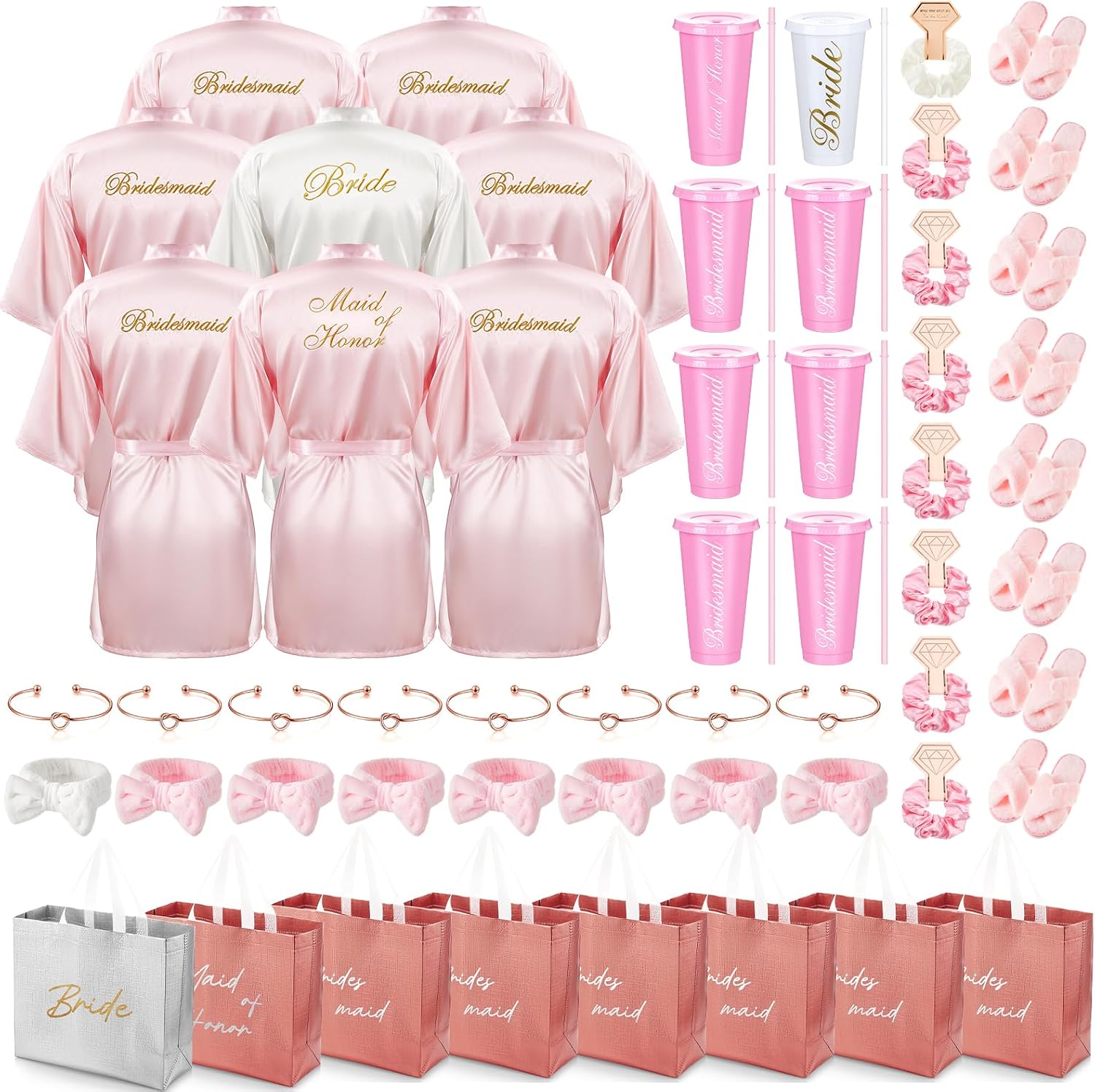 56 Pcs Bridesmaid Bride Robes Set of 8 Bridal Party Silk Satin Robes for Wedding Bachelorette Party Gifts