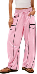 Barrel Sweatpants Women Baggy Drawstring High Waisted Wide Leg Lounge Pants with Pockets Casual Patchwork Trousers