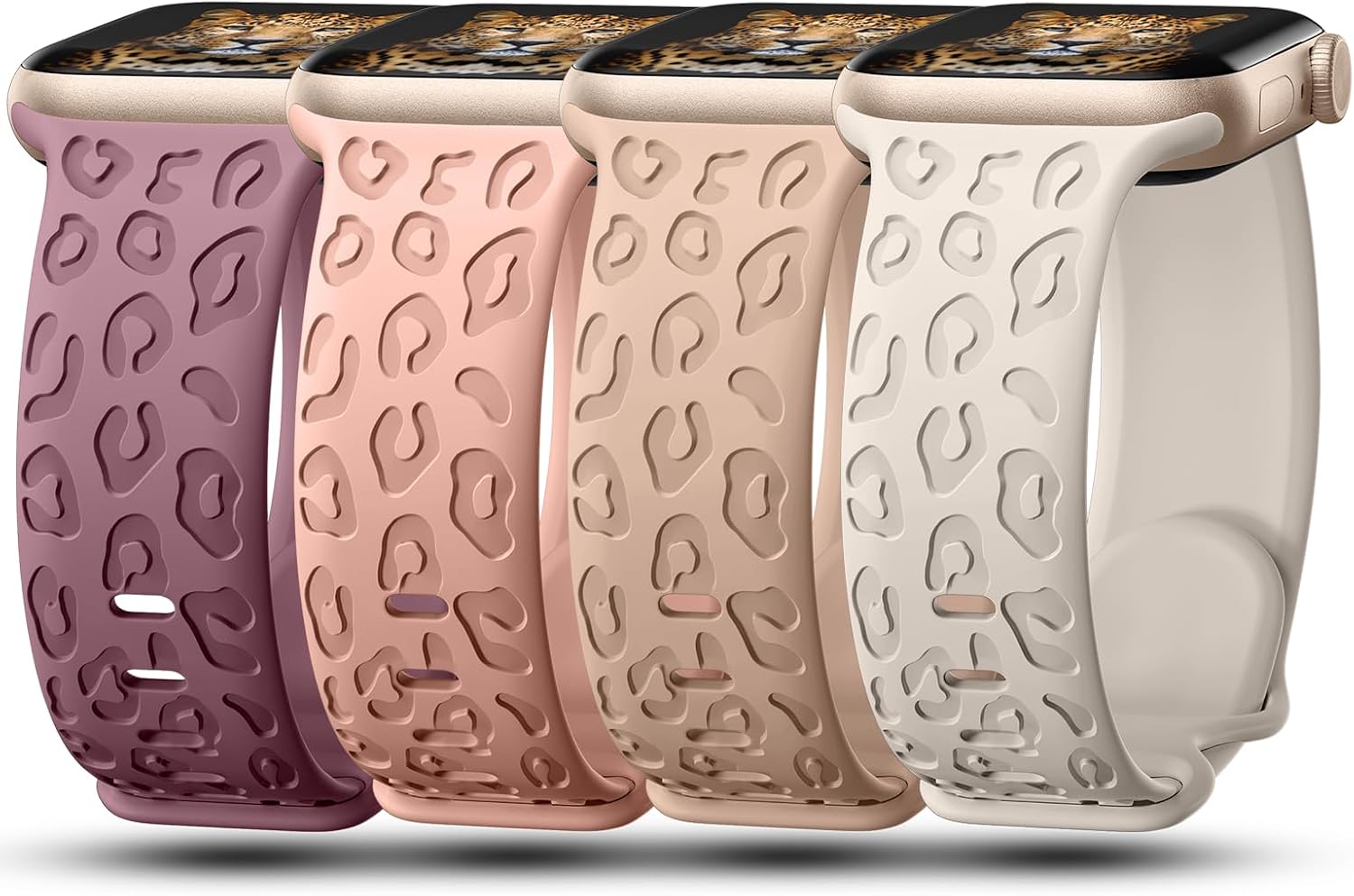 4Pack Leopard Engraved Bands Compatible with Apple Watch Band for women 40mm 41mm 42mm 38mm 44mm 45mm 46mm 49mm, Soft Silicone Cheetah Sport Strap for iWatch Series 10 9 8 7 6 5 4 3 2 1 Ultra/2 SE