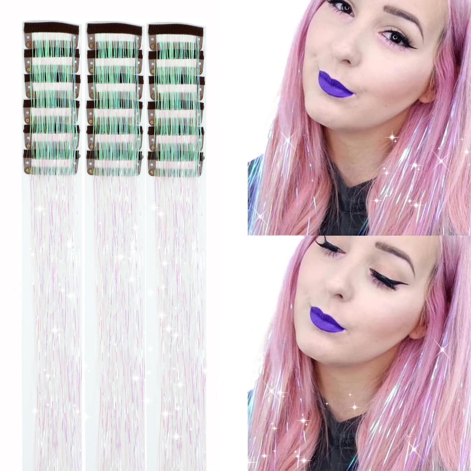 18pcs Hair Tinsel Clip in Hair Tinsel Kit Glitter Tinsel Hair Extensions 20Inch Sparkling Fairy Hair Tinsel Shiny Hair Accessories for Women Girls Kids (Brown)