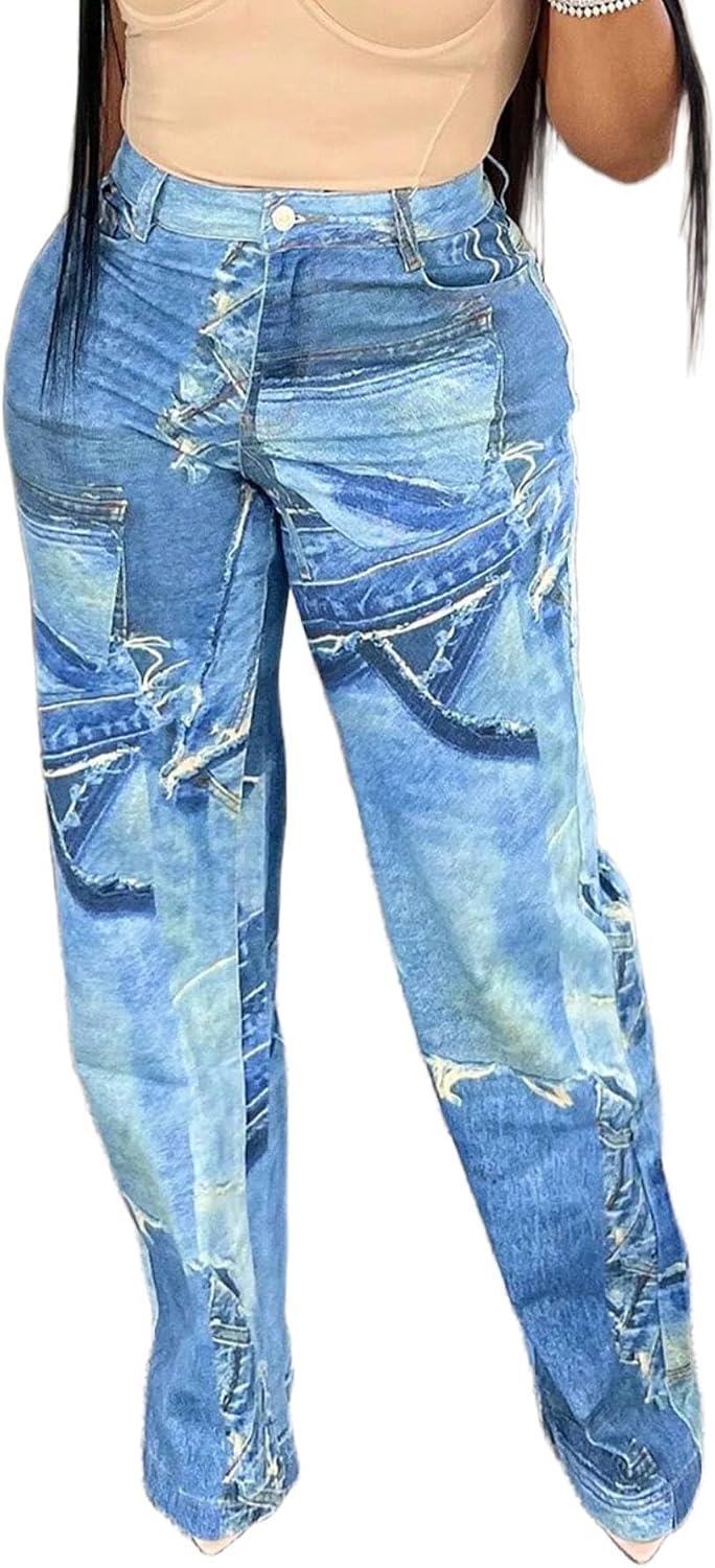 Women's Baggy Wide Leg Ripped Jeans Stretchy High Waisted Distressed Cutout Loose Denim Cargo Pants Pockets Streetwear
