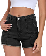 2025 Women's Stretchy Cargo Denim Shorts Mid Rise Jean Shorts Raw Hem Jorts with Pockets Short Jeans 3.5" Inseam