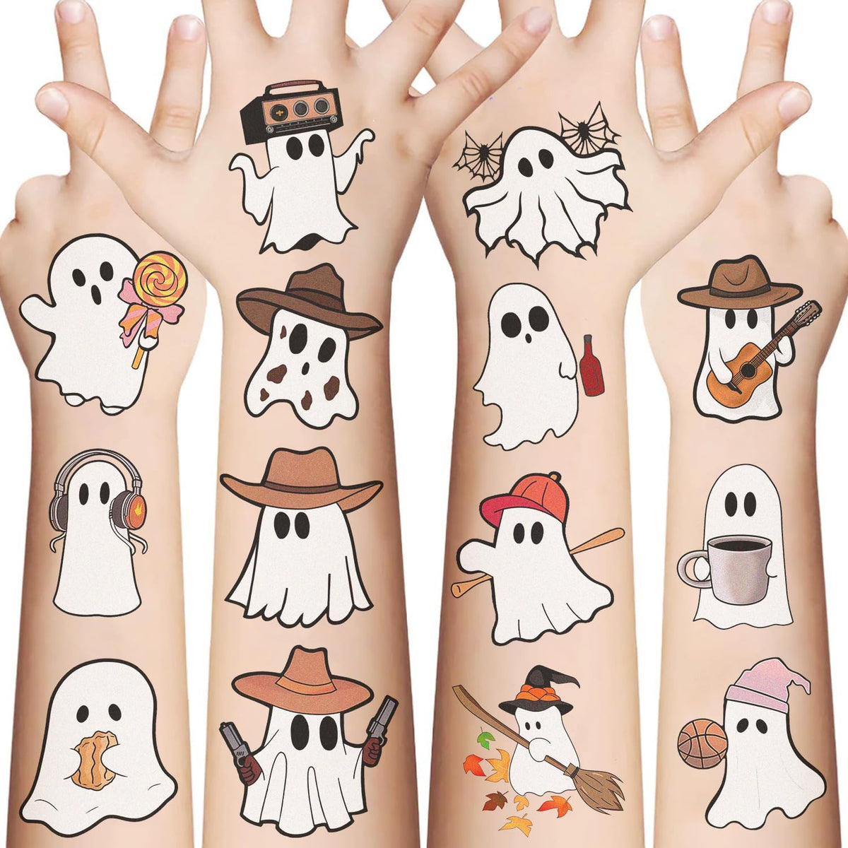 10 Sheets Cute Halloween Ghost Temporary Tattoos Stickers, Halloween Ghosts Party Favors Supplies Birthday Party Decorations for Kids Boys Girls Teens Adults (Ghost)