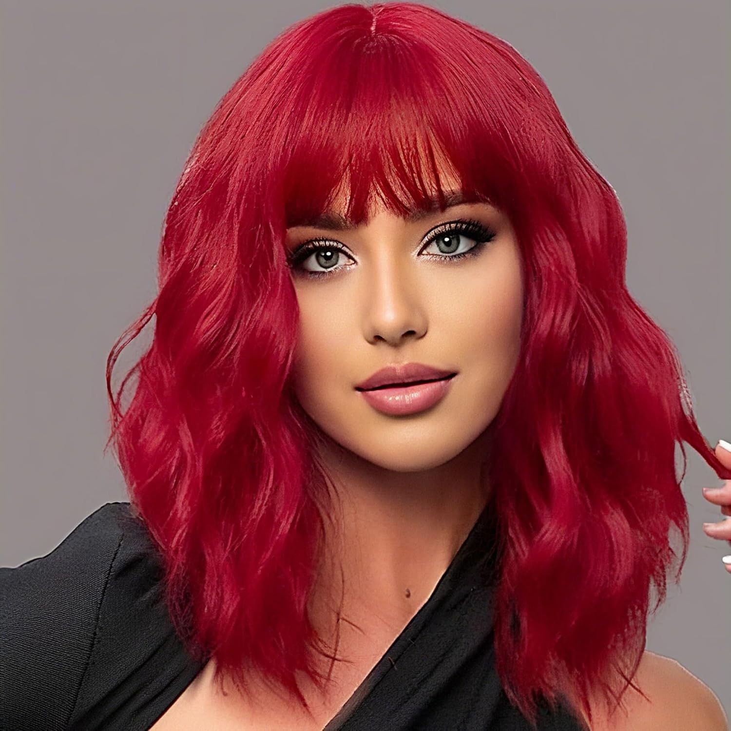 Ginger Red Bob Wig For Women Heat Resistant Synthetic Shoulder Length Loose Wavy Wig With Bangs Curly Bob Wigs Medium Length 14inch (Ginger Red Color)