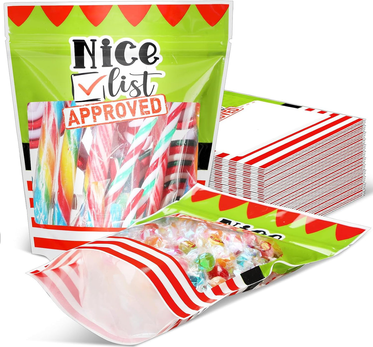 Teenyyou 50 Pcs Christmas Elf Cookie Gift Bags Red and White Stripe Candy Goodies Snack Stand up Pouch Treat Bags with Window for Packaging Xmas Party Favor Supplies, 8 x 6.5 x 2.5 Inch