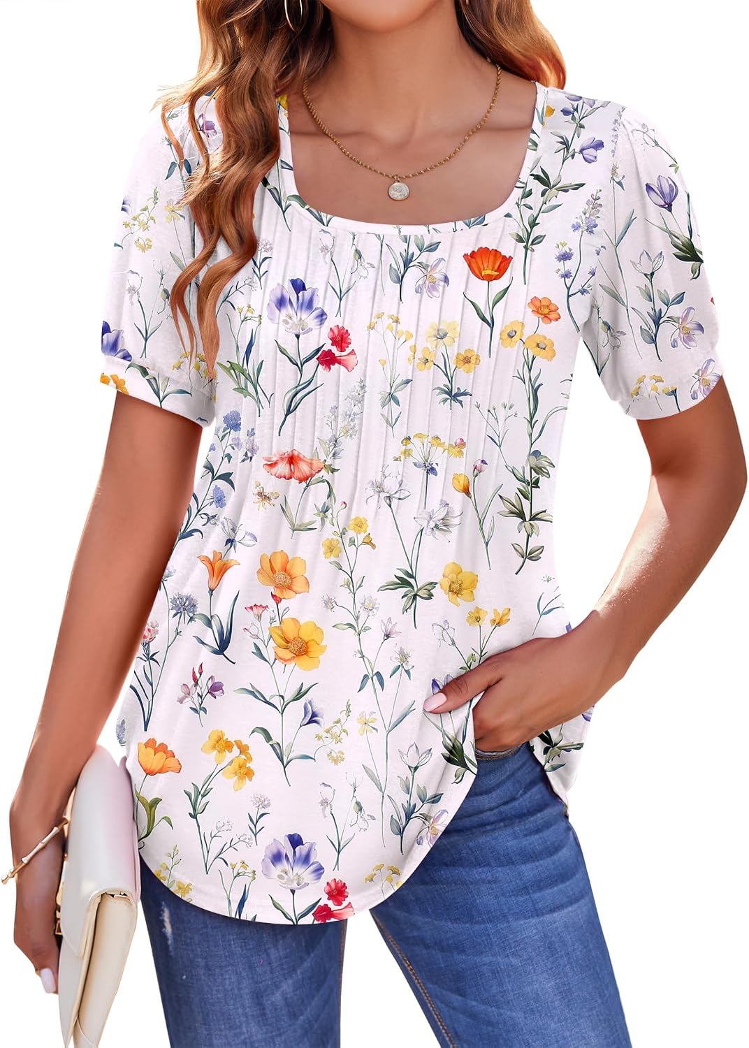 Zeagoo Womens Summer Tops Casual Puff Short Sleeve T Shirts Floral/Solid Pleated Tunics Square Neck Work Blouse