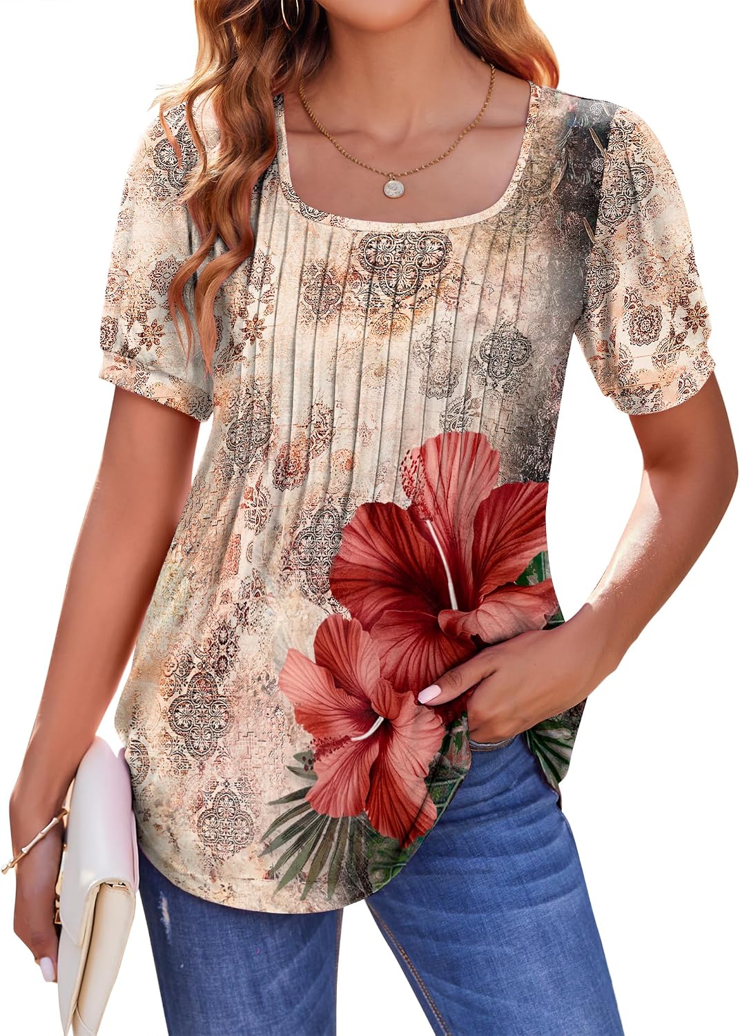 Zeagoo Womens Summer Tops Casual Puff Short Sleeve T Shirts Floral/Solid Pleated Tunics Square Neck Work Blouse