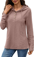 Womens Loose Sweatshirts Casual Hooded Long Sleeve Sweatshirt Solid Color Button Down Drawstring Pullover Tops 2025