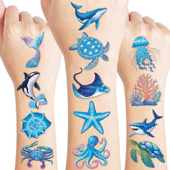96 PCS Ocean Sea Animal Shark Whale Fish Pre-Cut Luminous Glow in the dark Temporary Tattoos for Kids | Super Cute Themed Birthday Party Favors Supplies Decorations, Fake Tattoos Gifts for Boys Girls