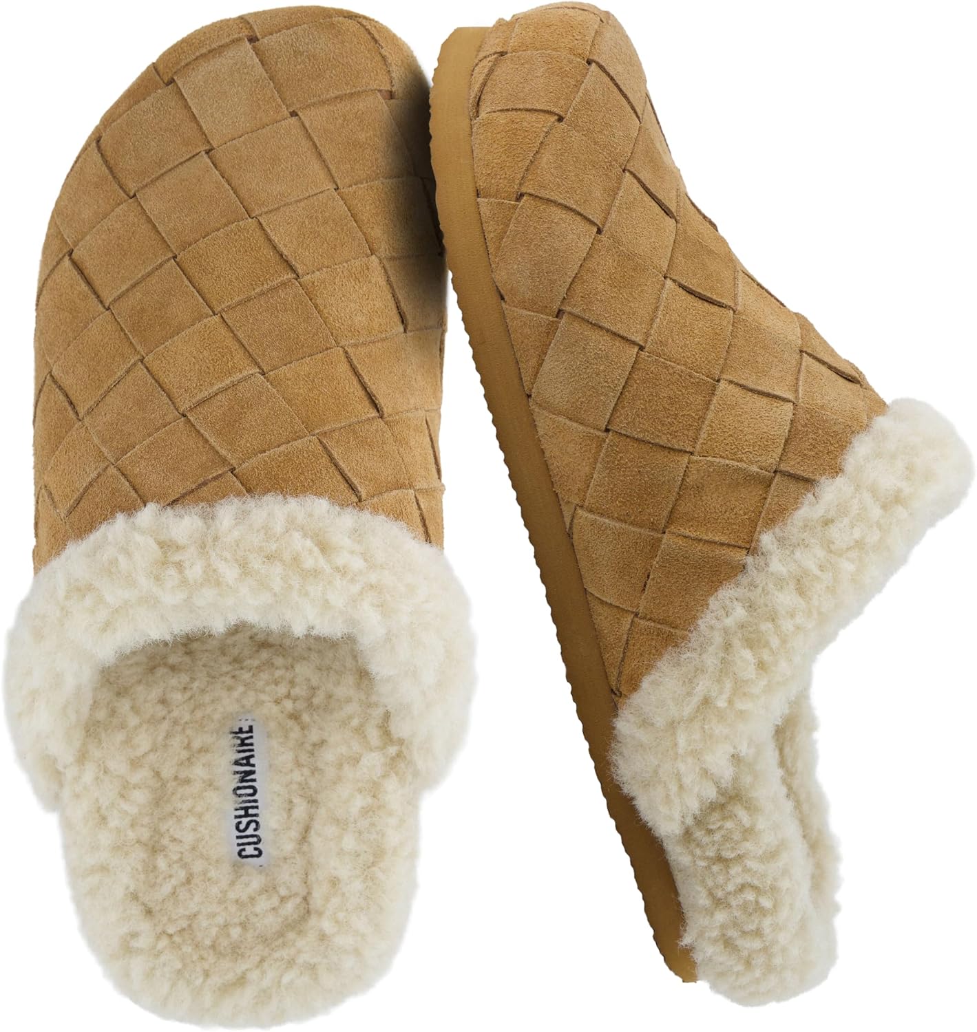 CUSHIONAIRE Cliché Genuine Suede Woven Mule Slippers for Women Indoor and Outdoor - Slip On Faux Fur Lining Women Footwear for Comfort