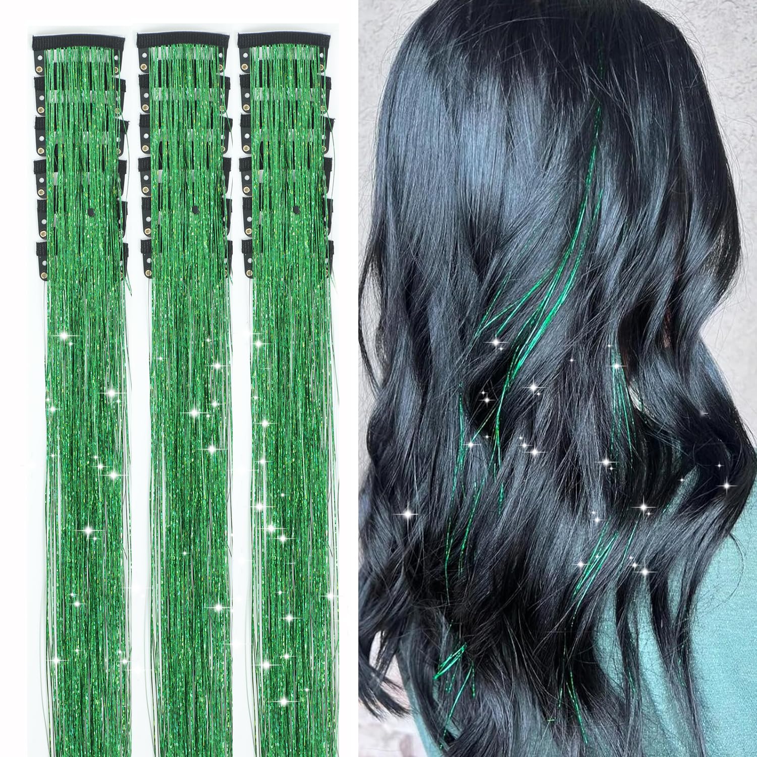 18pcs Hair Tinsel Clip in Hair Tinsel Kit Glitter Tinsel Hair Extensions 20Inch Sparkling Fairy Hair Tinsel Shiny Hair Accessories for Women Girls Kids (Brown)