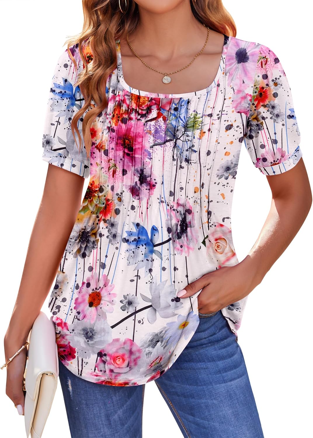 Zeagoo Womens Summer Tops Casual Puff Short Sleeve T Shirts Floral/Solid Pleated Tunics Square Neck Work Blouse