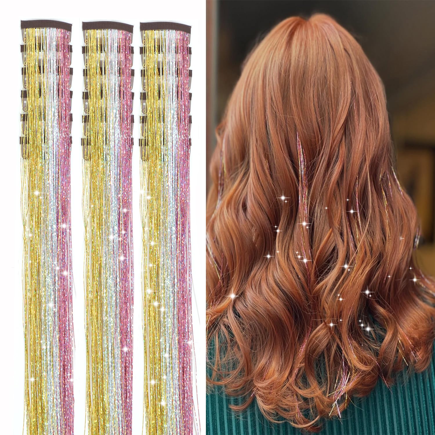 18pcs Hair Tinsel Clip in Hair Tinsel Kit Glitter Tinsel Hair Extensions 20Inch Sparkling Fairy Hair Tinsel Shiny Hair Accessories for Women Girls Kids (Brown)