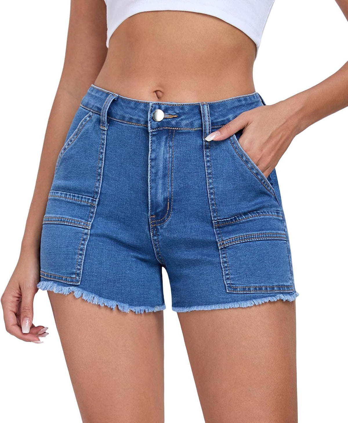 2025 Women's Stretchy Cargo Denim Shorts Mid Rise Jean Shorts Raw Hem Jorts with Pockets Short Jeans 3.5" Inseam
