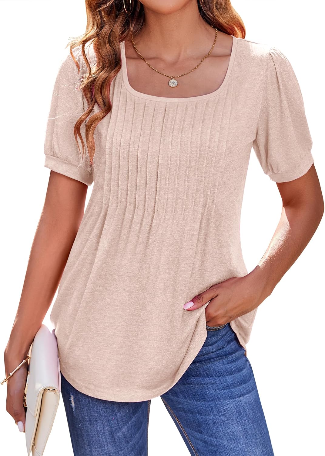 Zeagoo Womens Summer Tops Casual Puff Short Sleeve T Shirts Floral/Solid Pleated Tunics Square Neck Work Blouse