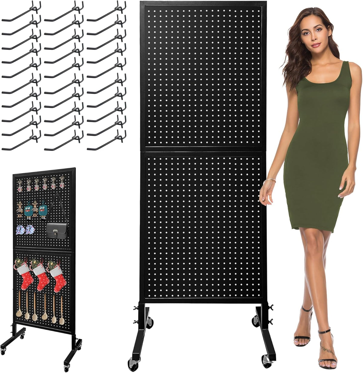 Royxen Metal Pegboard with 30 Hooks and Wheels,2 x 5.5 Feet Pegboard Display Rack, Standing Pegboard Display for Home and Store, White
