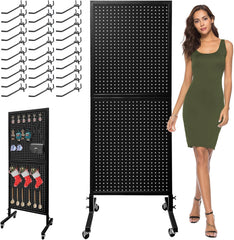 Royxen Metal Pegboard with 30 Hooks and Wheels,2 x 5.5 Feet Pegboard Display Rack, Standing Pegboard Display for Home and Store, White