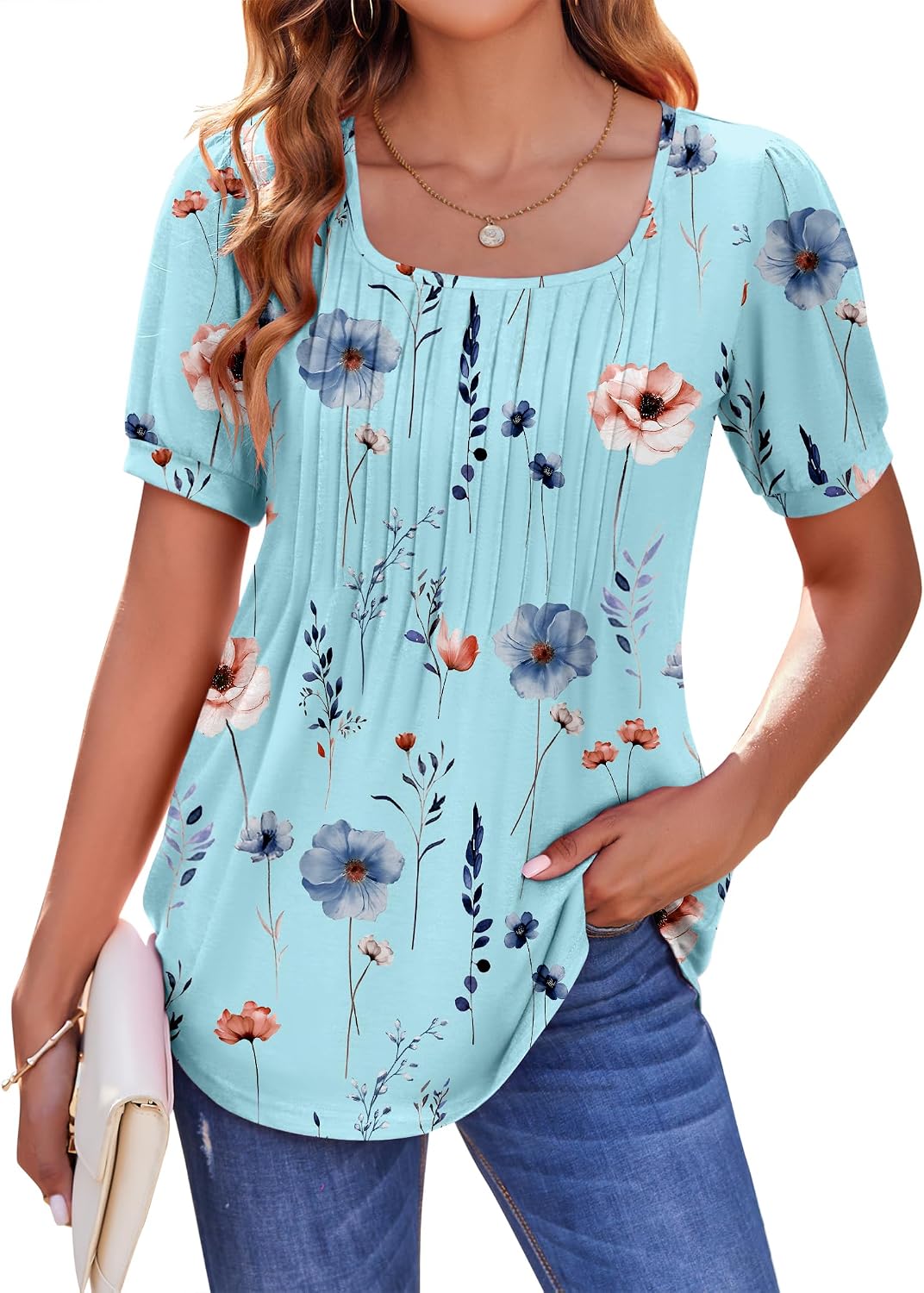 Zeagoo Womens Summer Tops Casual Puff Short Sleeve T Shirts Floral/Solid Pleated Tunics Square Neck Work Blouse