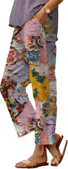 Women's Novelty Boho Flower Print Pants Straight Leg High Waist Elastic Drawstring Pants Summer Dressy Lounge Trousers