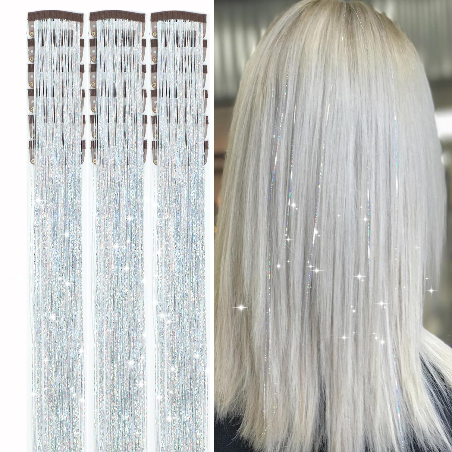 18pcs Hair Tinsel Clip in Hair Tinsel Kit Glitter Tinsel Hair Extensions 20Inch Sparkling Fairy Hair Tinsel Shiny Hair Accessories for Women Girls Kids (Brown)