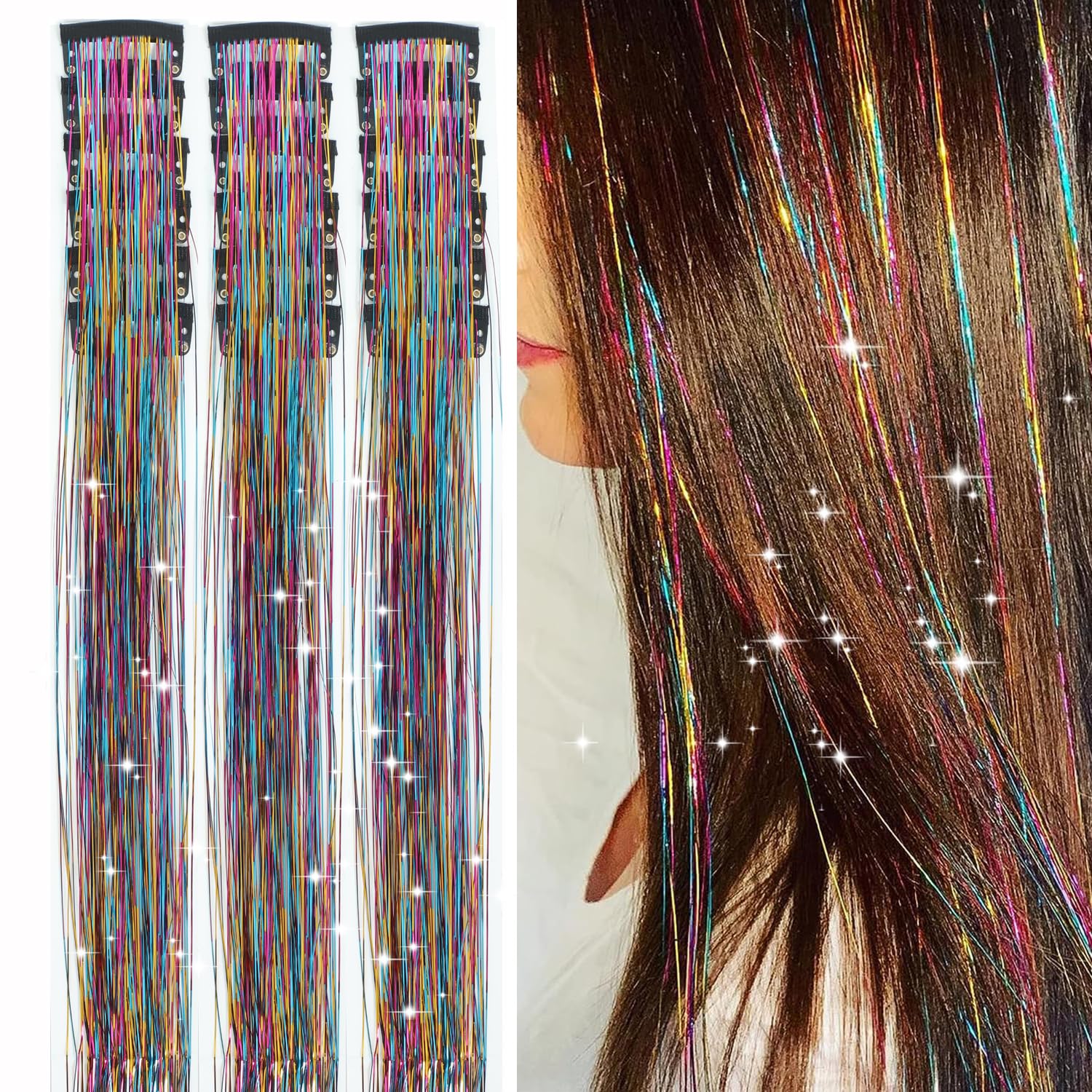 18pcs Hair Tinsel Clip in Hair Tinsel Kit Glitter Tinsel Hair Extensions 20Inch Sparkling Fairy Hair Tinsel Shiny Hair Accessories for Women Girls Kids (Brown)