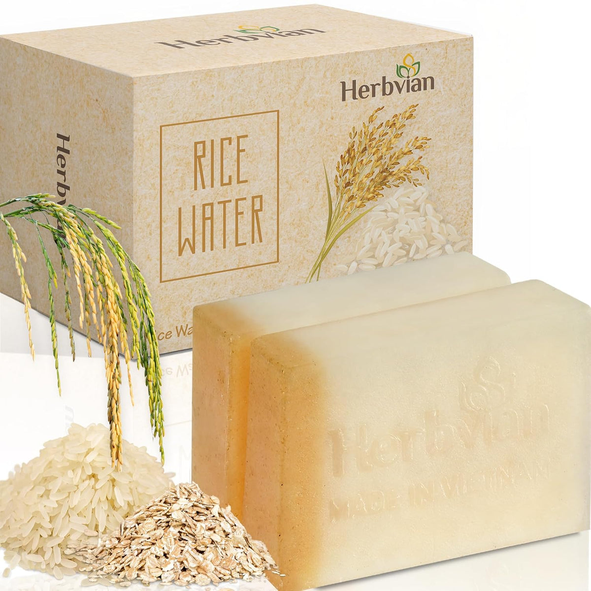 2 Pcs Vietnamese Rice Water Soap Bar for Face Body with Oatmeal Powder, 100% Natural Rice Milk, Gentle Moisturizing Skin Clenaser, Handmade, Soft Long Lasting