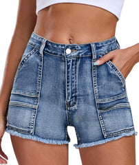 2025 Women's Stretchy Cargo Denim Shorts Mid Rise Jean Shorts Raw Hem Jorts with Pockets Short Jeans 3.5" Inseam