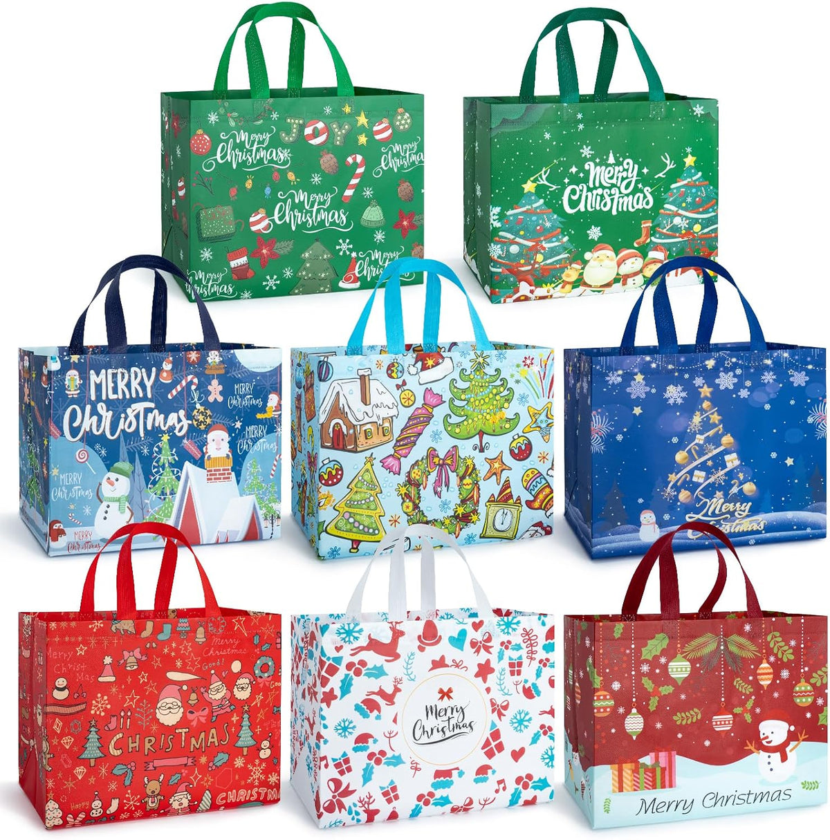 Iioscre 8 PCS Large Christmas Gift Bags With Handles, Non Woven Reusable Holiday Treat Bags for Gifts, 12.8 x 9.8 x 6.7in