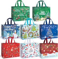 Iioscre 8 PCS Large Christmas Gift Bags With Handles, Non Woven Reusable Holiday Treat Bags for Gifts, 12.8 x 9.8 x 6.7in