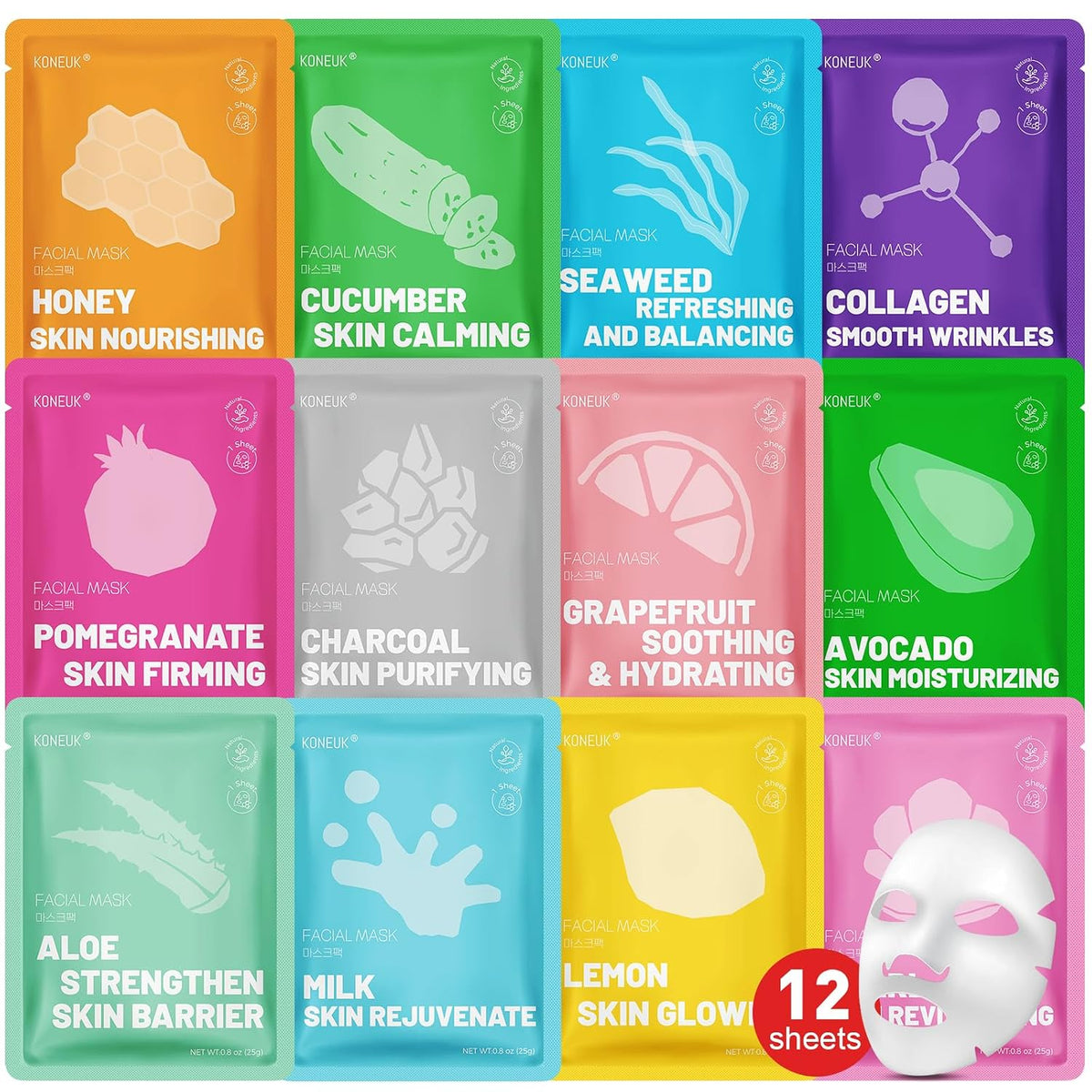 120 Pack Collagen Essence Sheet Face Masks Skincare, Moisturizing & Hydrating Face Mask for Skin Care, Bulk Face Masks for All Skin Types, Spa Party Gifts for Women (12 Types x 10 Pcs)