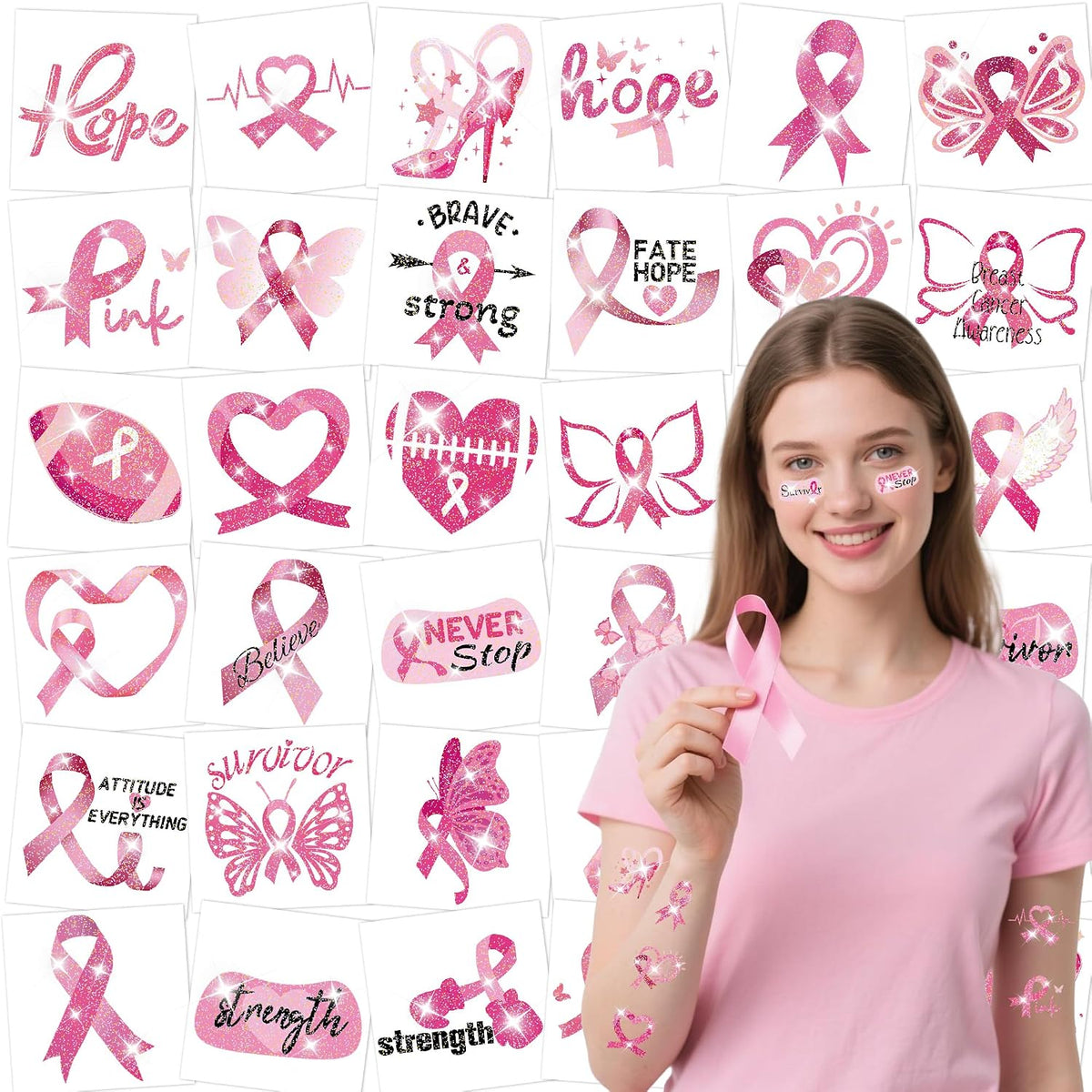 Glitter Breast Cancer Awareness Tattoos, Breast Cancer Awareness Accessories, Pink Out Accessories for Spirit Week, Pink Ribbon Breast Cancer Awareness Decorations
