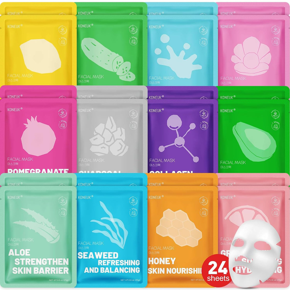 120 Pack Collagen Essence Sheet Face Masks Skincare, Moisturizing & Hydrating Face Mask for Skin Care, Bulk Face Masks for All Skin Types, Spa Party Gifts for Women (12 Types x 10 Pcs)