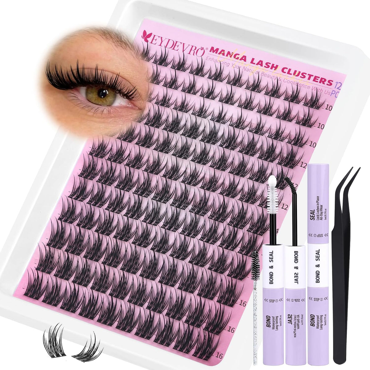 EYDEVRO Natural Lash Clusters Kit Wispy Manga Eyelash Clusters Kit Spiky Fairy Cluster Eyelash Extensions Pestañas Postizas Naturales 10-16mm DIY Individual Lashes Kit Lash Bond Seal Tweezers Brushes