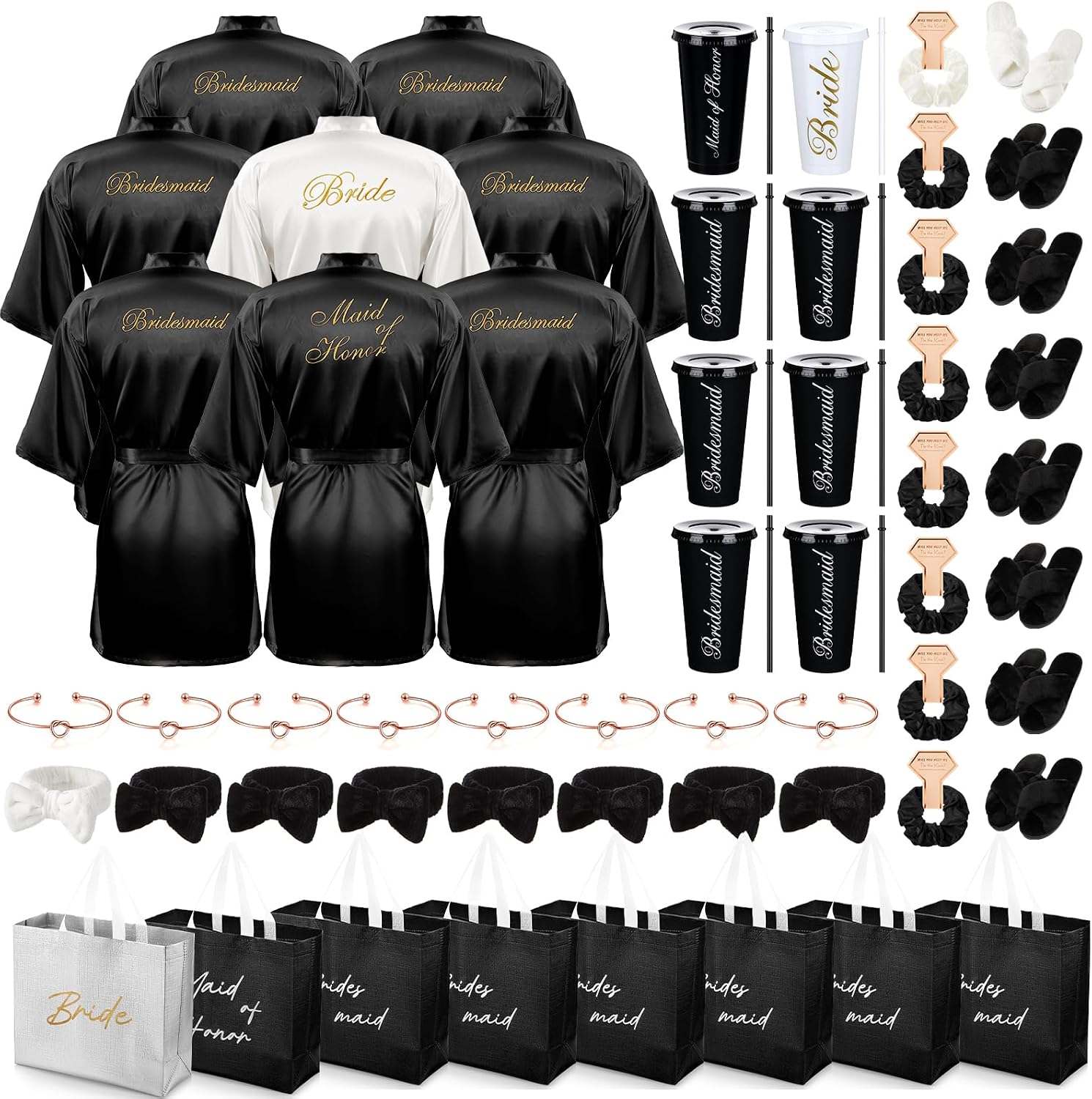 56 Pcs Bridesmaid Bride Robes Set of 8 Bridal Party Silk Satin Robes for Wedding Bachelorette Party Gifts