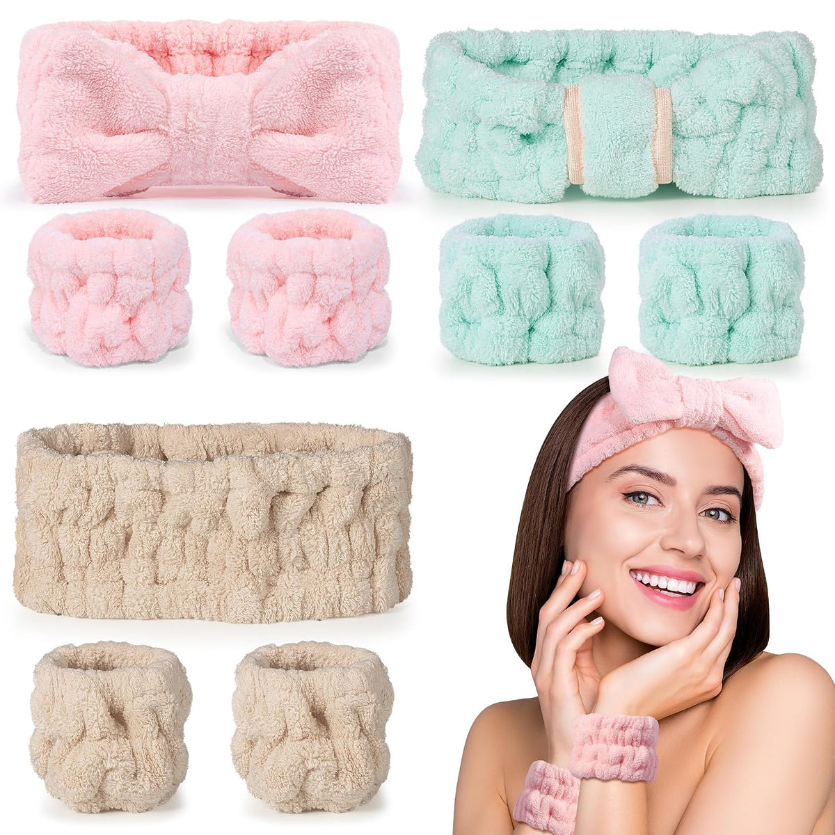 Spa Headband and Wristband Set - 3-Piece Skincare Headbands & 6-Piece Wrist Spa Wristbands for Women,Facial Hairbands for Washing Face, Makeup, Sports, Yoga, Headband for Washing Face