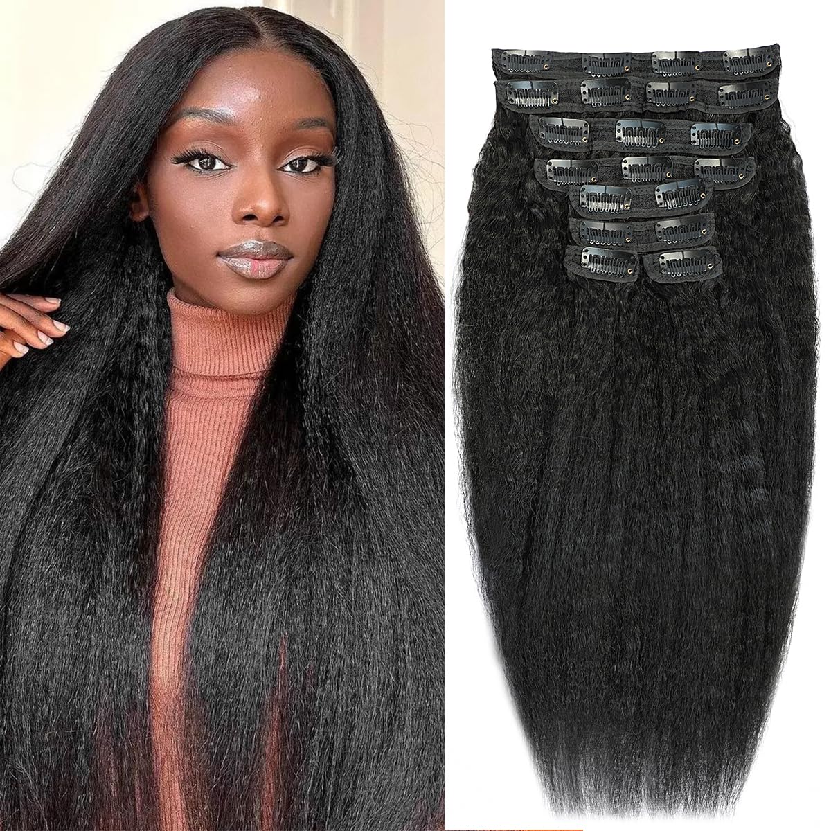 Highlight P4/27 Kinky Curly Clip Ins 18 Inch 110g 8pcs 3C 4A Curly Clip In Hair Extensions Real Human Hair Full Head for Women 100% Brazilian Remy Human Hair Extensions with 20 Clips #4/27