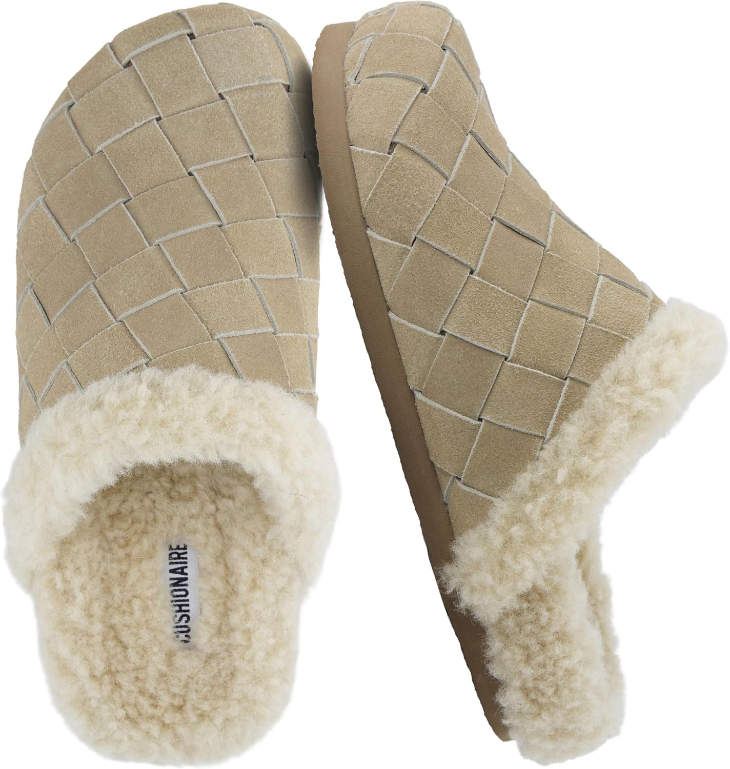CUSHIONAIRE Cliché Genuine Suede Woven Mule Slippers for Women Indoor and Outdoor - Slip On Faux Fur Lining Women Footwear for Comfort