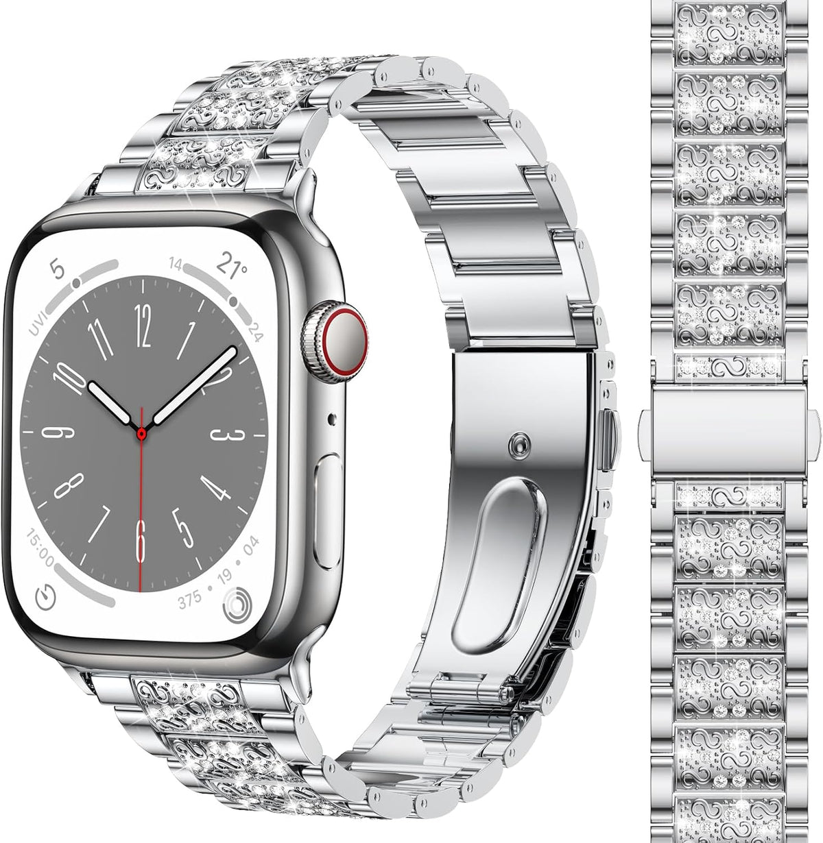 MARGE PLUS Compatible with Apple Watch Bling Band Women 38mm 40mm 41mm 42mm Series 11 10 9 8 7 6 5 4 3 2 1 SE, Upgraded Sparkle Replacement Bracelet iWatch Band, Diamond Rhinestone Stainless Steel Metal Strap