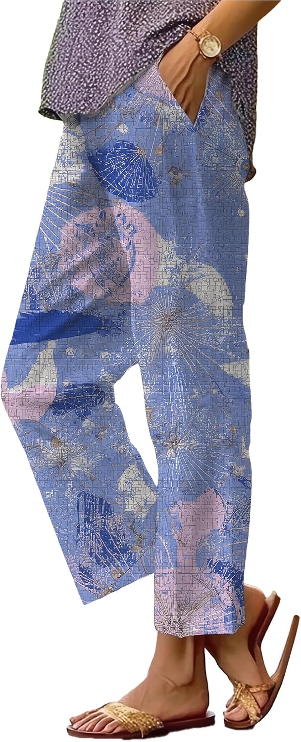 Women's Novelty Boho Flower Print Pants Straight Leg High Waist Elastic Drawstring Pants Summer Dressy Lounge Trousers
