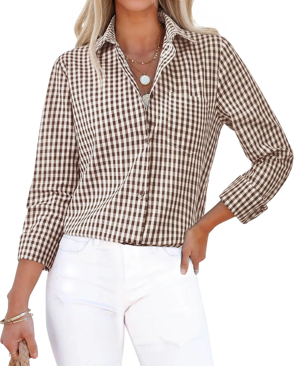 siliteelon Button Down Shirts for Women Gingham Top Plaid Long Sleeve Dress Shirts Cotton Fitted Casual Work Collared Blouse