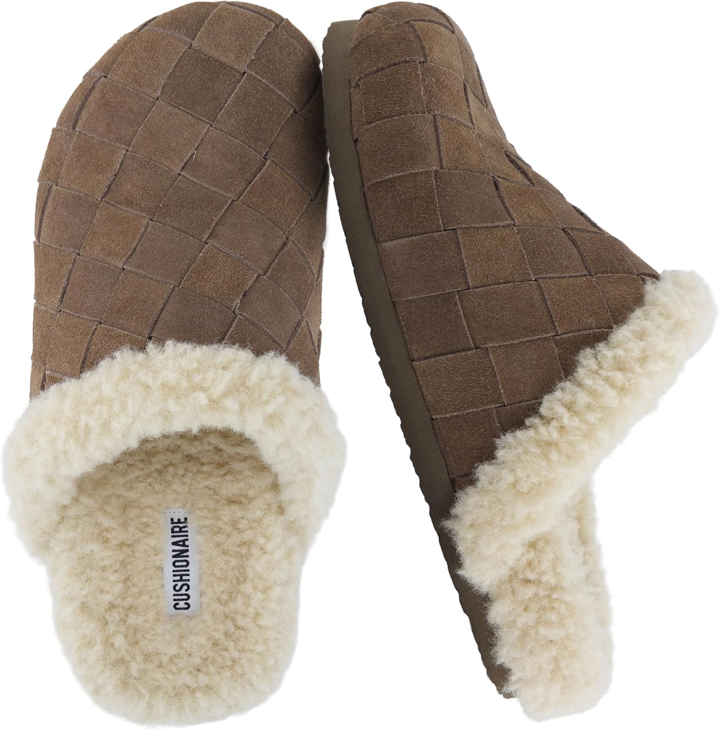 CUSHIONAIRE Cliché Genuine Suede Woven Mule Slippers for Women Indoor and Outdoor - Slip On Faux Fur Lining Women Footwear for Comfort