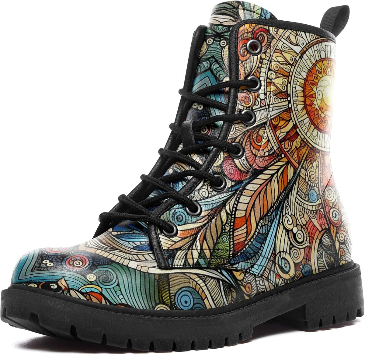 Lace-Up Artistic Floral Combat Boots for Girls and Boys, Slip-Resistant Casual Motorcycle Boots for Men and Women