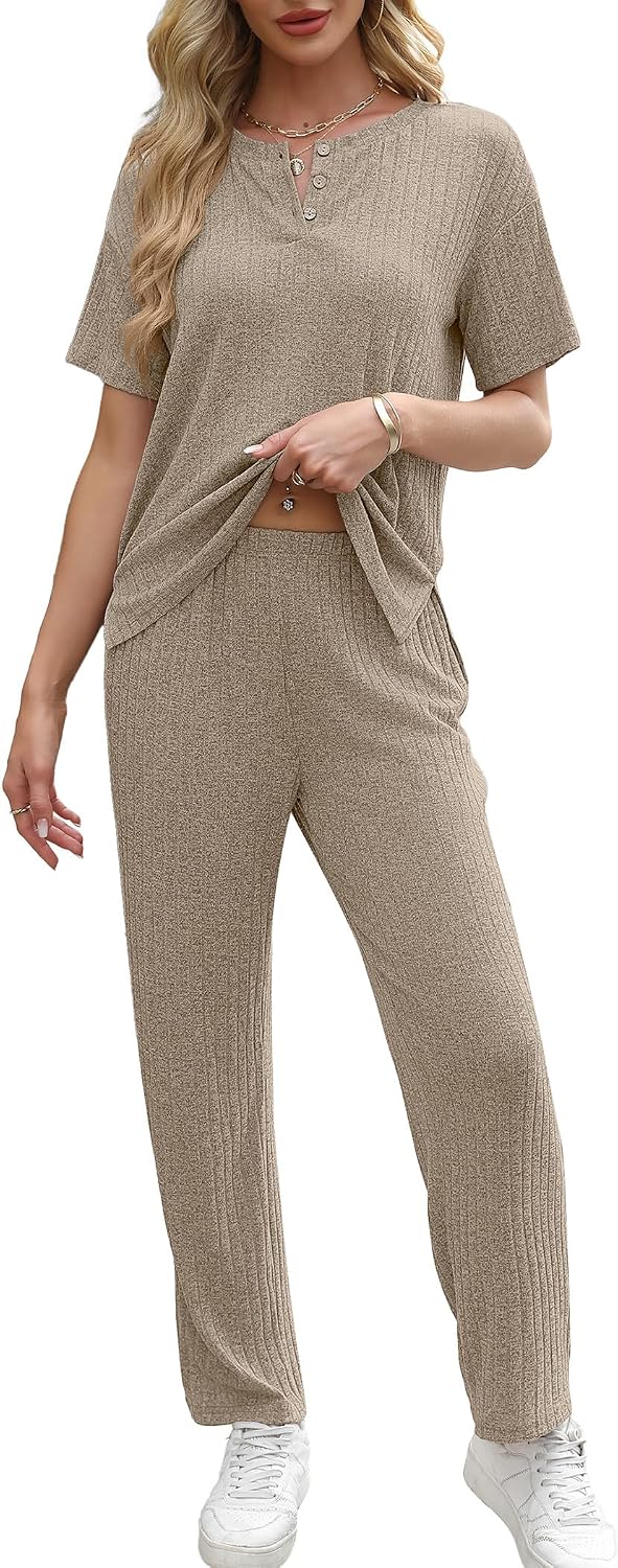 Ekouaer 2 Pack Womens Ribbed Knit Lounge Set Short Sleeve Loungewear Henly Neck Top and Pants Sleepwear Pajama with Pockets