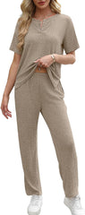 Ekouaer 2 Pack Womens Ribbed Knit Lounge Set Short Sleeve Loungewear Henly Neck Top and Pants Sleepwear Pajama with Pockets