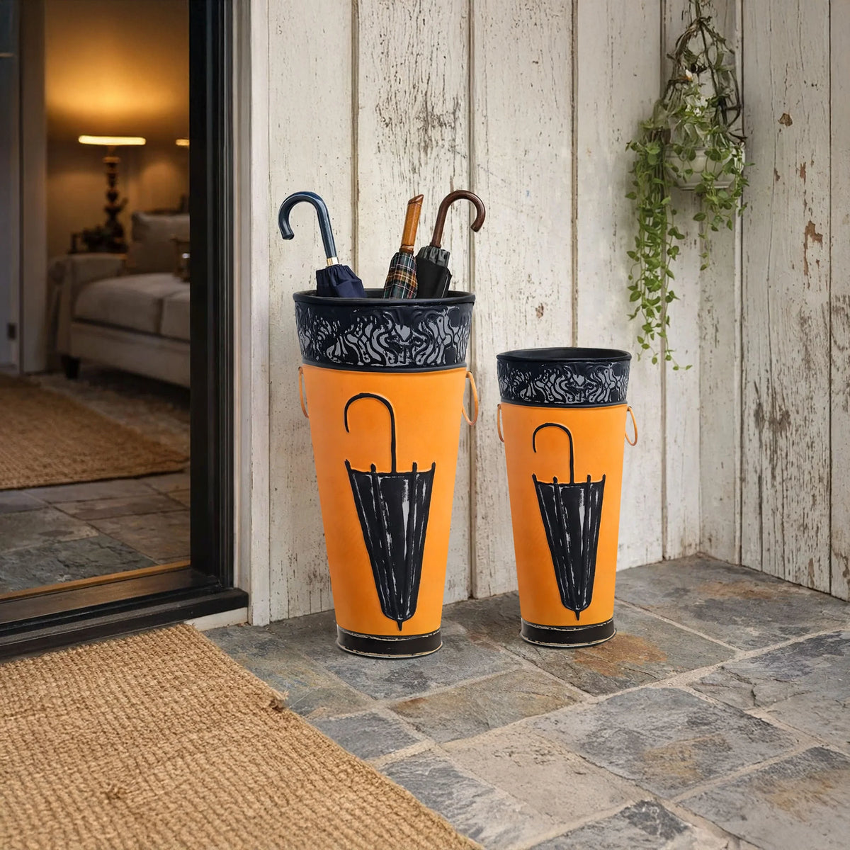 21, 16 Inch Metal Umbrella Stands, Engraved Artwork, Set of 2, Antique Brown, Black